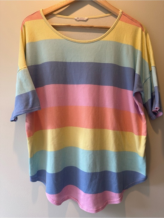 Bom bom Tops - Bom Bom Pastel Rainbow Striped Short Sleeve Top - Yellow, Pink, Blue, Purple